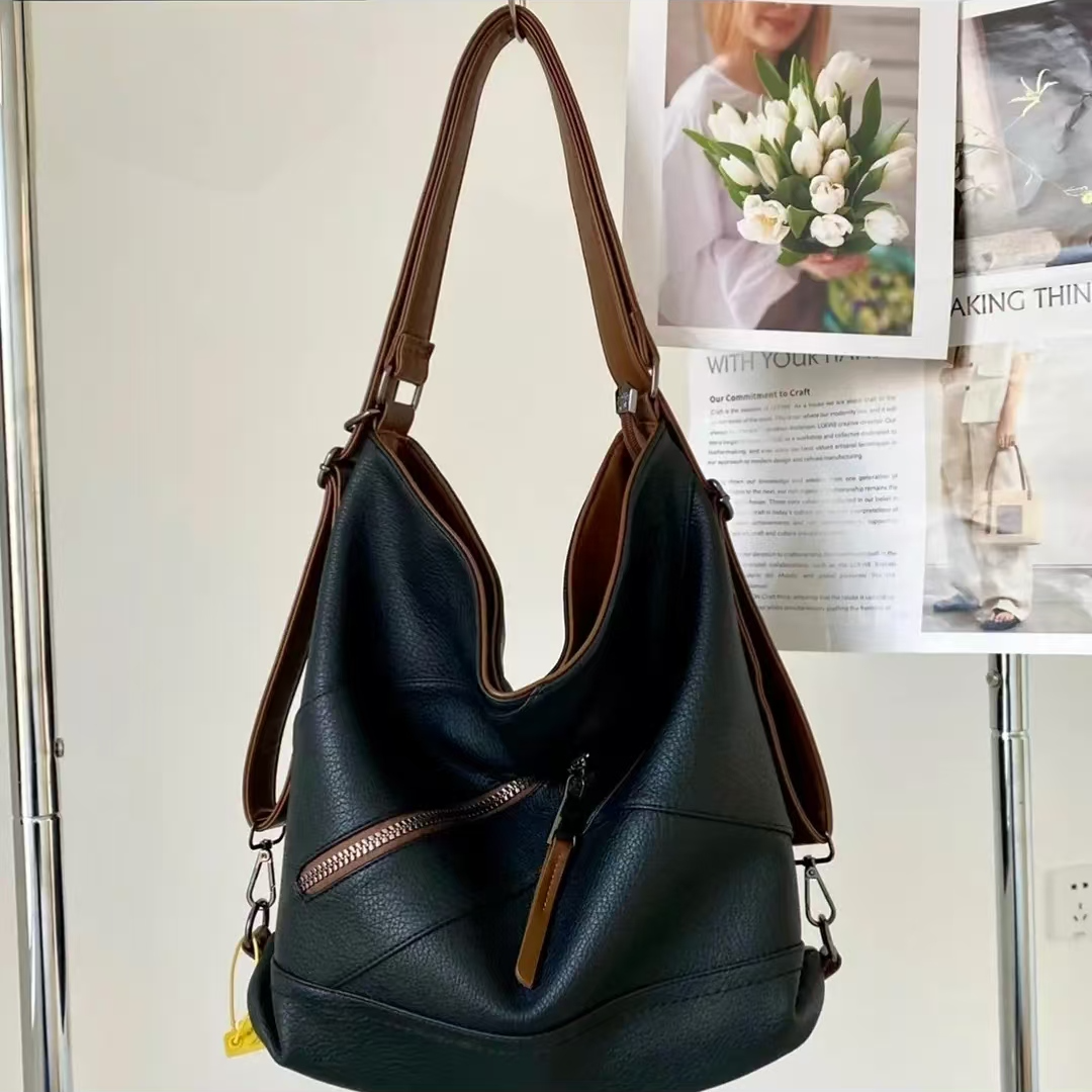 百搭黑色单肩斜手提包四种背法时尚大包有点甜网红七七通勤腋下