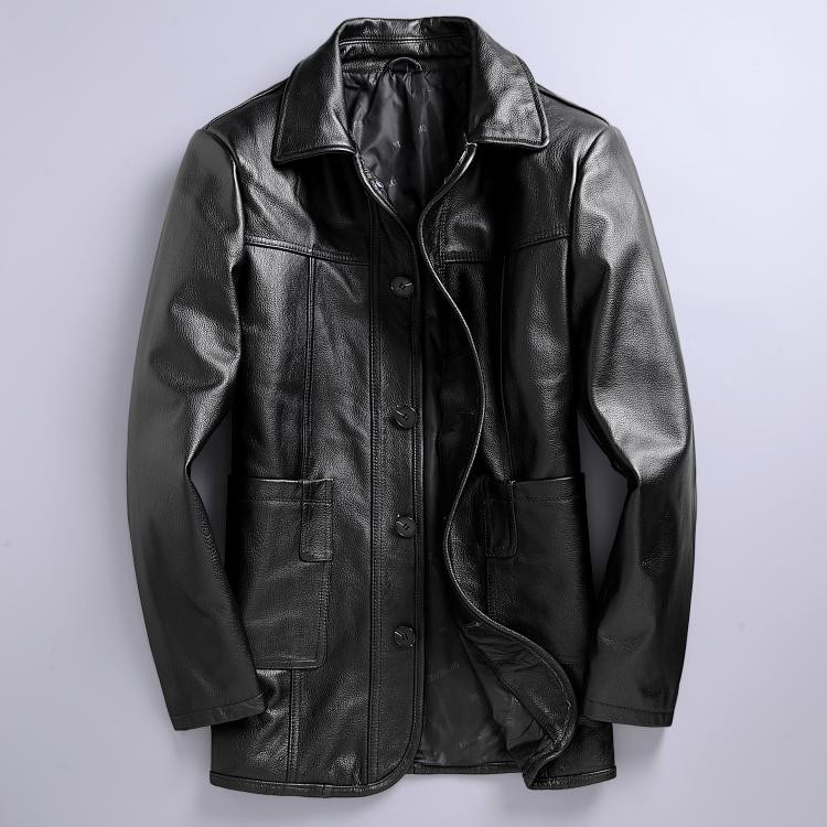 新品春秋冬真皮皮衣男休闲中长款大码时尚翻领中老年男皮外套修身
