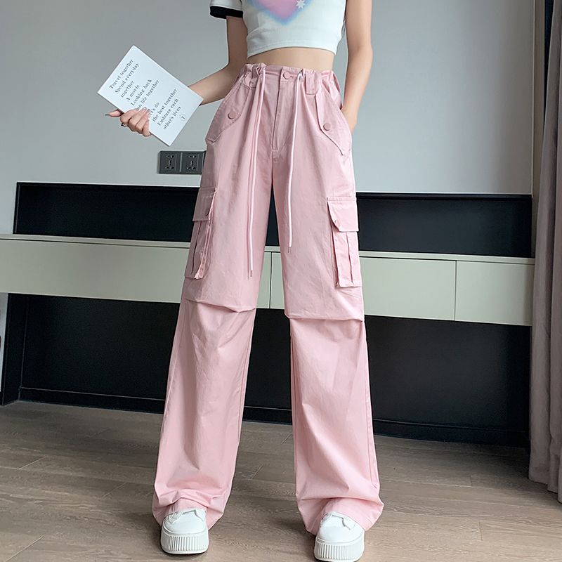 粉色美式工装裤子女夏季薄款2024新款高腰宽松阔腿裤小个子运动裤