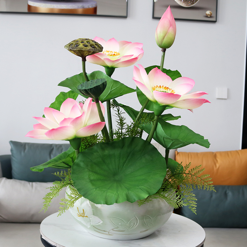 特大号高档手感pu荷花客厅装饰花电视柜玄关莲花寺庙佛前假花摆设