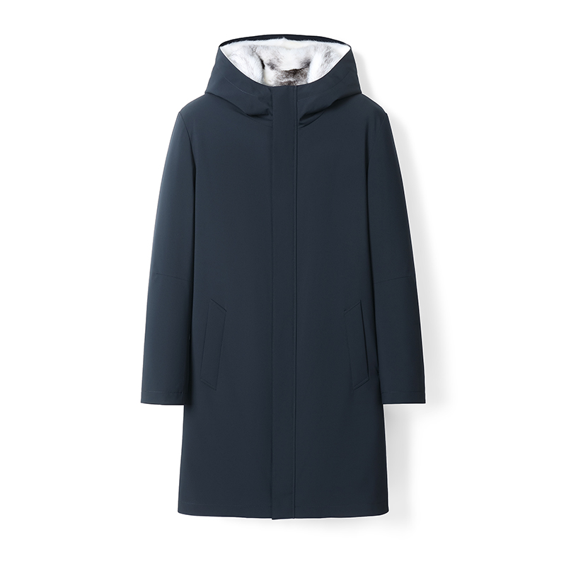 藏蓝色加长款十字貂马哈根内胆连帽派克服男装皮草男士水貂外套