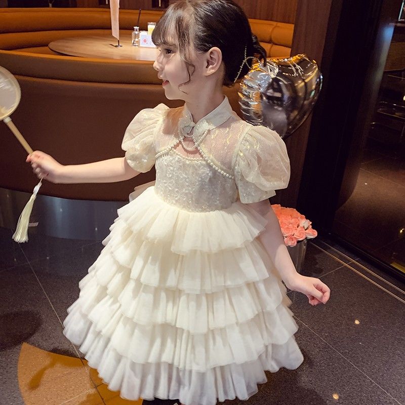 女童连衣裙中国风女孩夏装2024新款洋气儿童泡泡袖网纱公主裙夏季