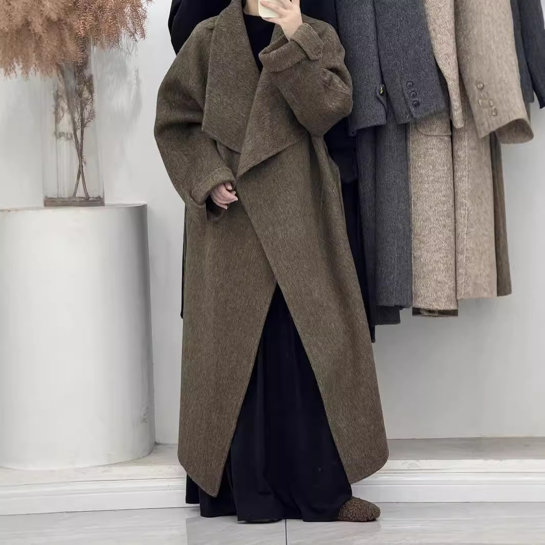 双面羊毛大衣女士秋冬新款2024加长加大款腰带系带毛呢外套