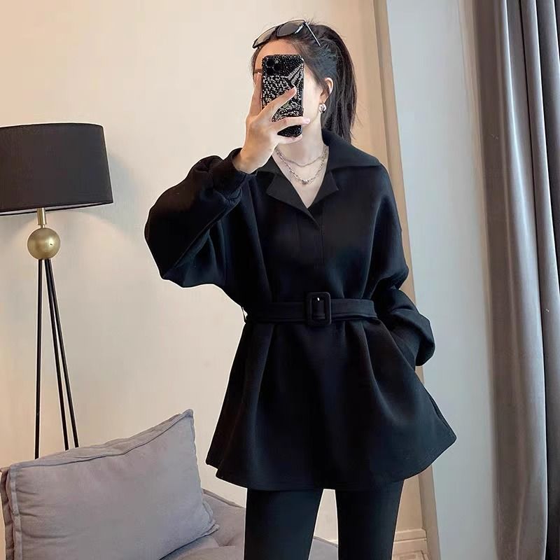 欧洲站春秋大码女装胖mm黑色西装领收腰卫衣女小众显瘦上衣300斤