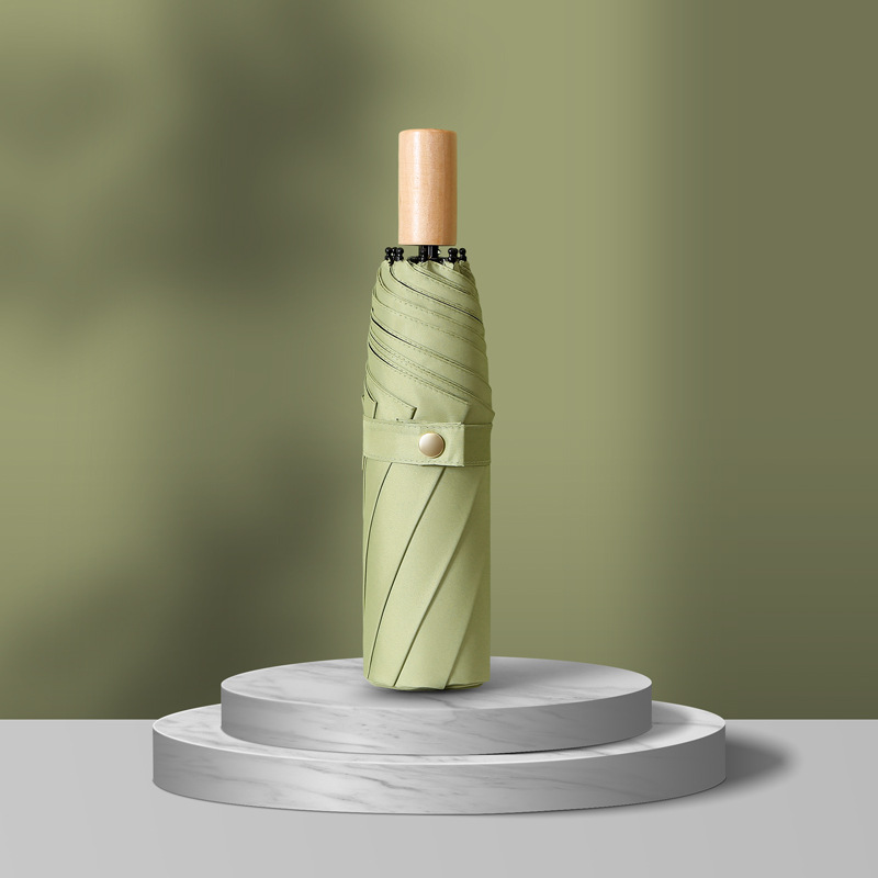 【辉哥专属】简约素色防风实木手柄复古男女三折雨伞小清新加印logo