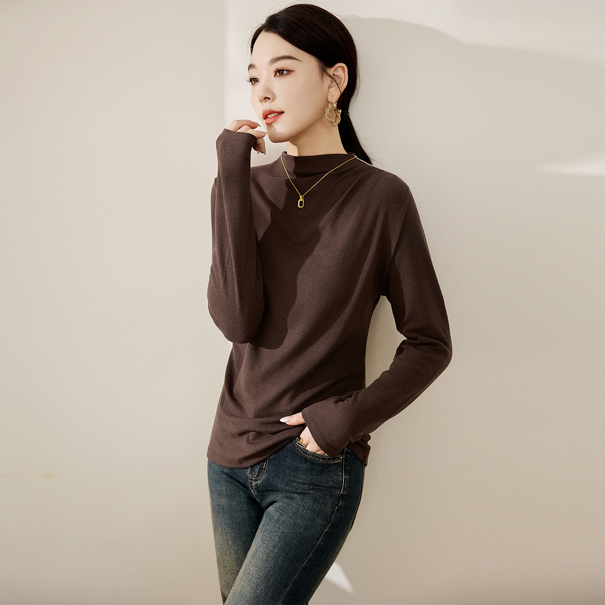 2023秋冬新款百搭半高领针织长袖上衣女法式别致修身打底衫222