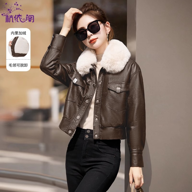 加绒加厚PU皮衣外套女冬季2025新款小个子短款美拉德穿搭机车夹克