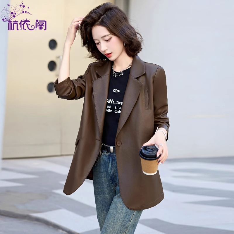 皮衣西装外套女2025秋季新款美拉德复古气质休闲时尚PU皮西服上衣