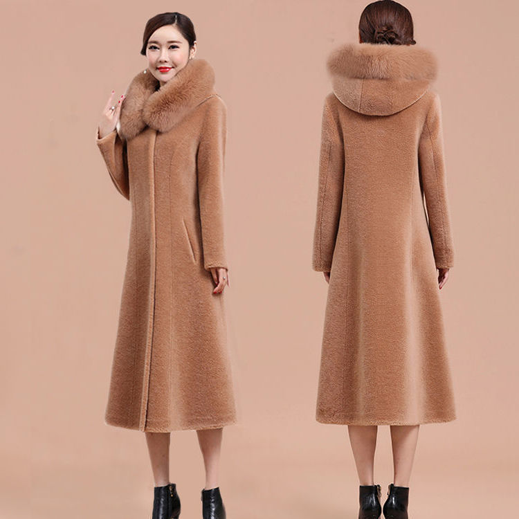 外套女2023冬季仿狐狸毛领颗粒羊剪绒大衣皮毛一体中长款
