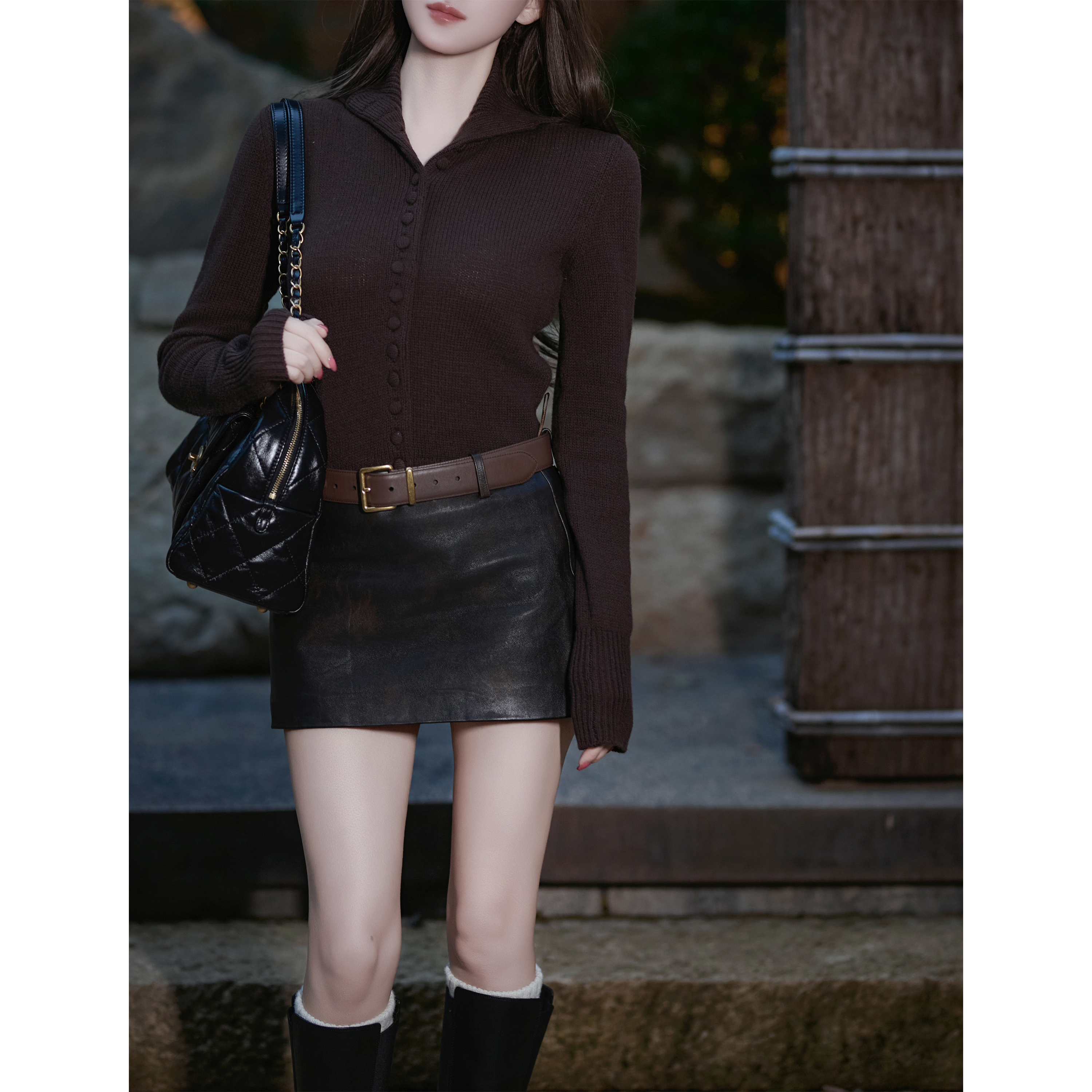 LMERENCE “庭前” 三角标咖啡色两穿针织毛衣开衫上衣   P-66