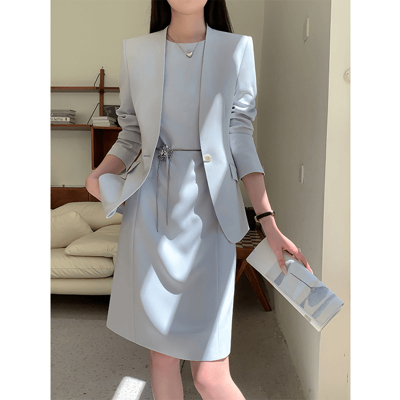 早秋小西装外套女2024新款ol气质名媛高级感连衣裙无领西服套装裙