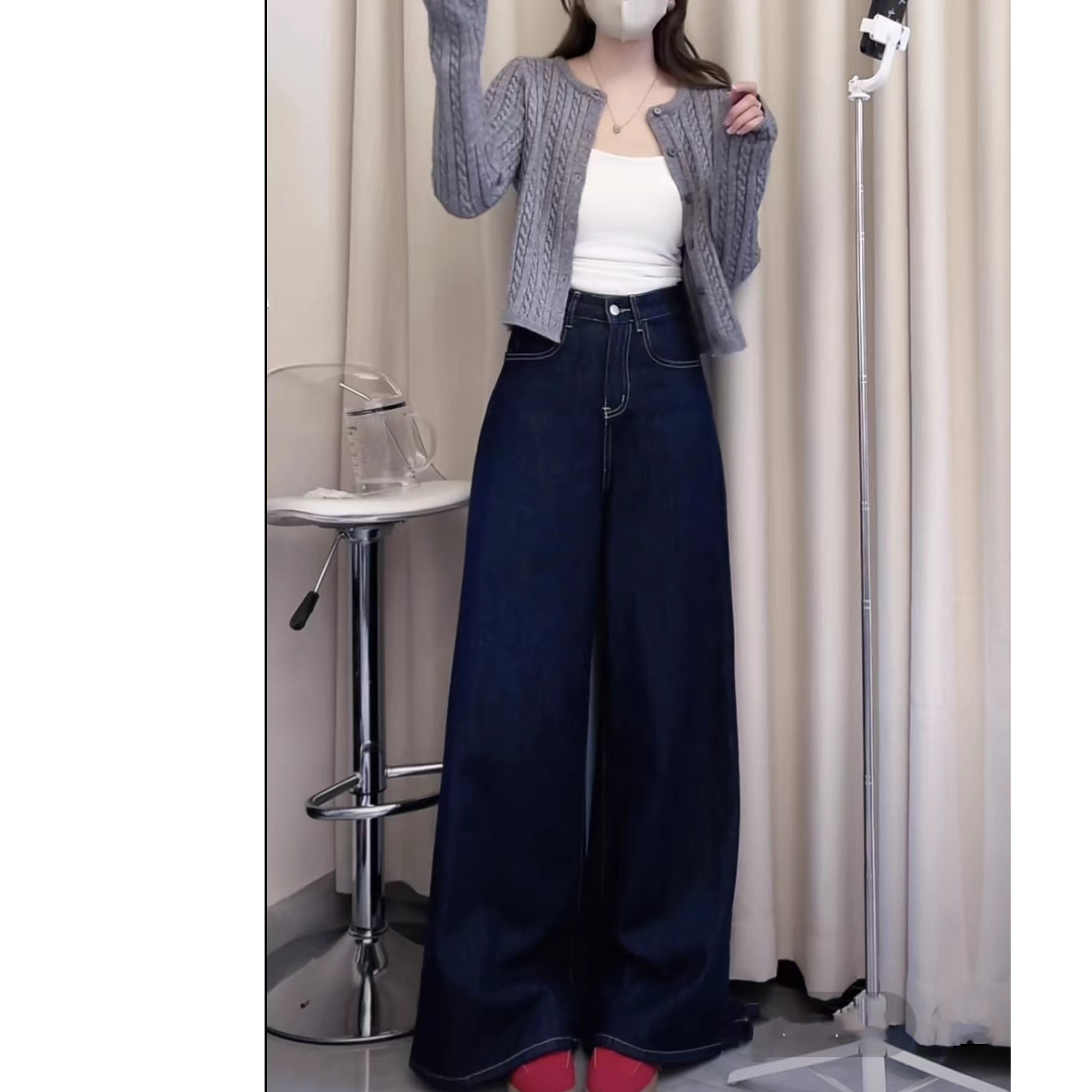 美式复古深蓝色高腰牛仔裤女2024年秋季新款直筒阔腿拖地长裤028