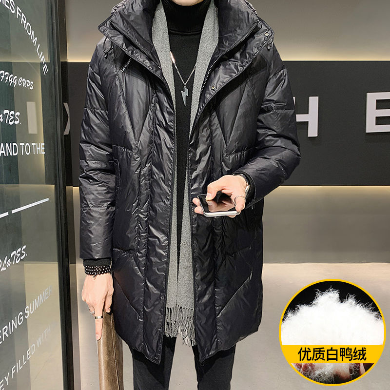 羽绒服男中长款2023新款冬季加厚白鸭绒连帽男士外套潮牌男装衣服
