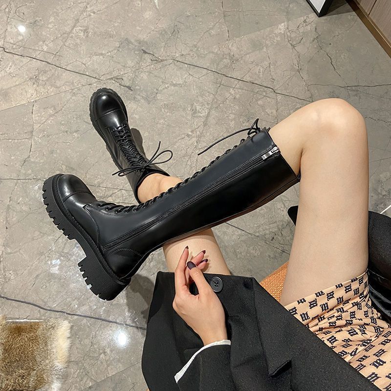 红蜻蜓牌2023厚底骑士靴女长靴英伦风大头高筒靴不过膝系带长筒靴