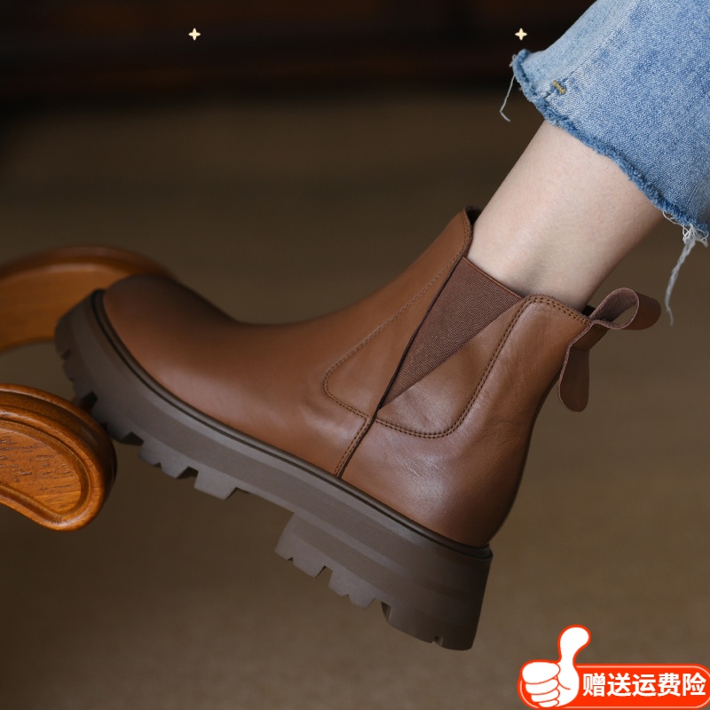 红蜻蜓牌洋里洋气~切尔西靴女2023春冬季英伦风百搭棕色短靴时尚