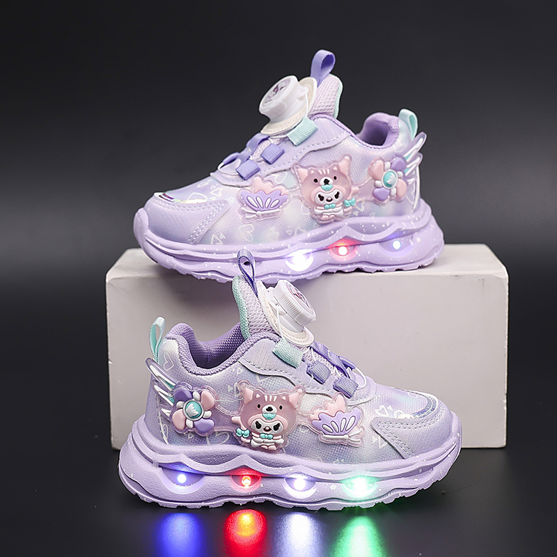 女童旋转纽扣亮灯运动鞋秋冬新款加绒老爹鞋3-9岁儿童二棉公主鞋