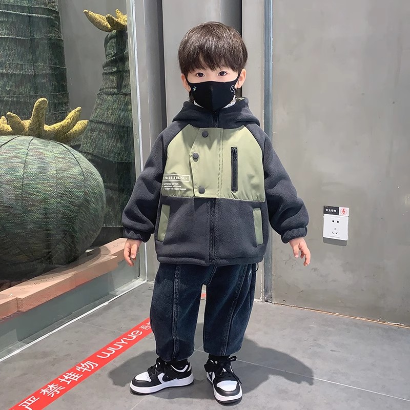 男童加绒外套秋装新款洋气男孩秋冬上衣冬季外套儿童装潮拼接休闲