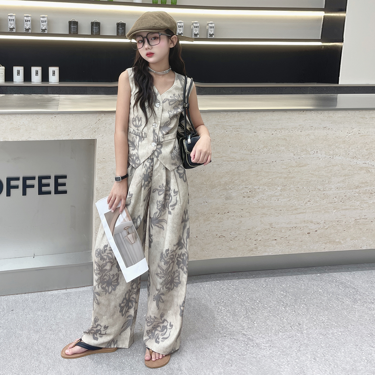 女童夏装套装中国风扎染无袖马甲阔腿裤儿童衣服女孩洋气童装大童