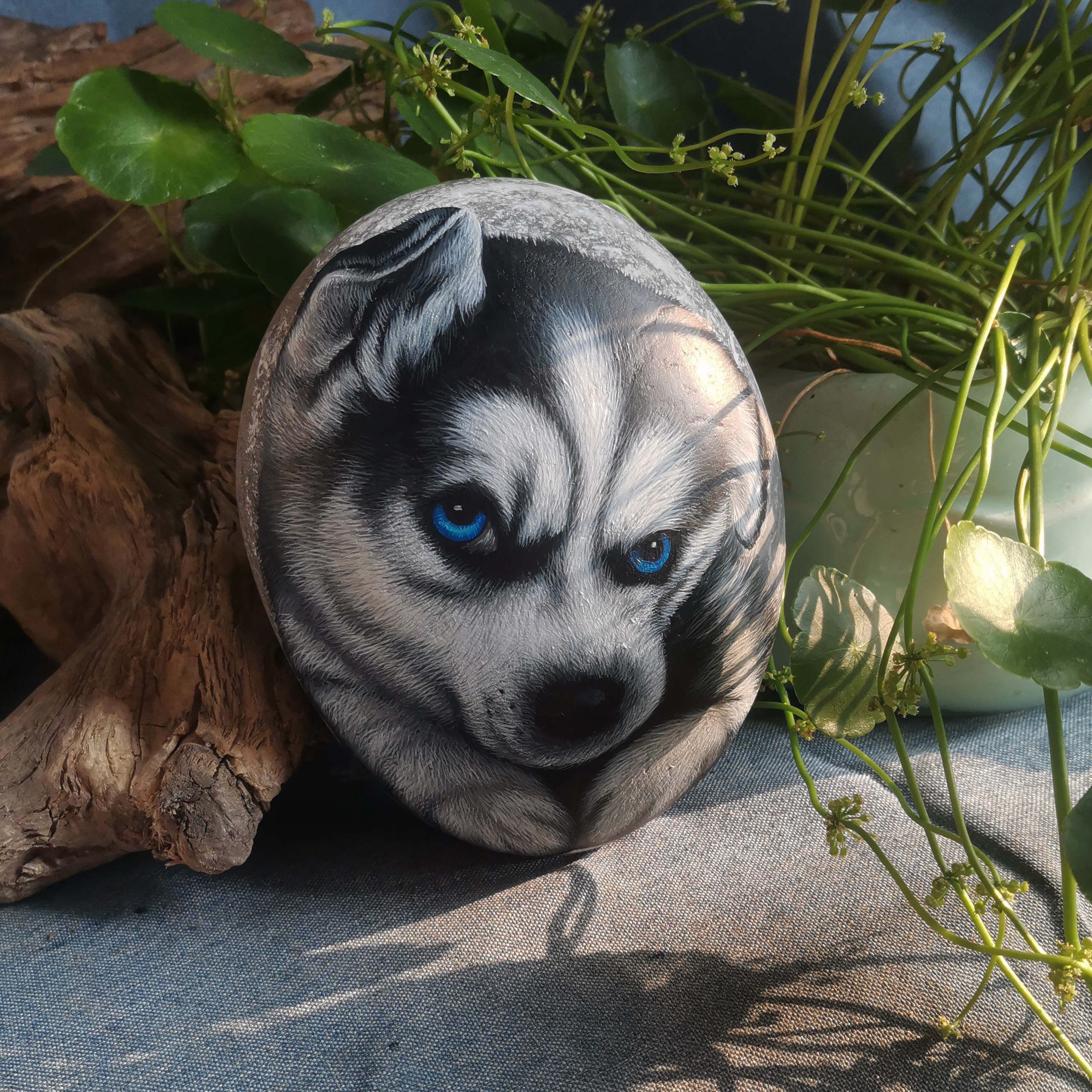 石头画 狗 哈士奇，冷酷帅气，呆萌，寓意心想事成，生肖，手绘，摆件