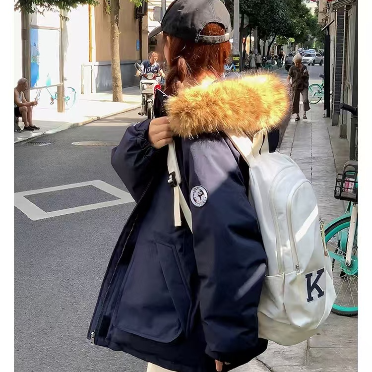 大毛领工装棉服女2024年冬新款高级设计感加厚情侣装派克服