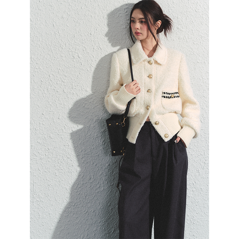 RECOIN R1C轻装滑葡萄圈收腰羊毛小香风秋冬短款夹克外套45RSP02