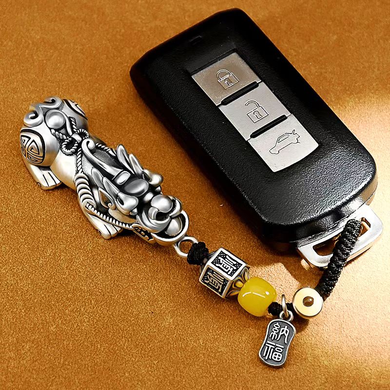 纯银制品实心复古风创意个性精致礼物招财男士貔貅汽车钥匙扣挂件