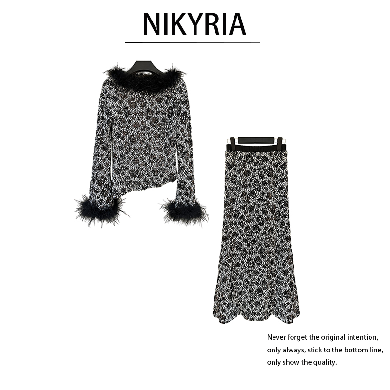 H【黑泡芙】秋冬季女装法式上衣两件套气质女神修身显瘦半身裙套装