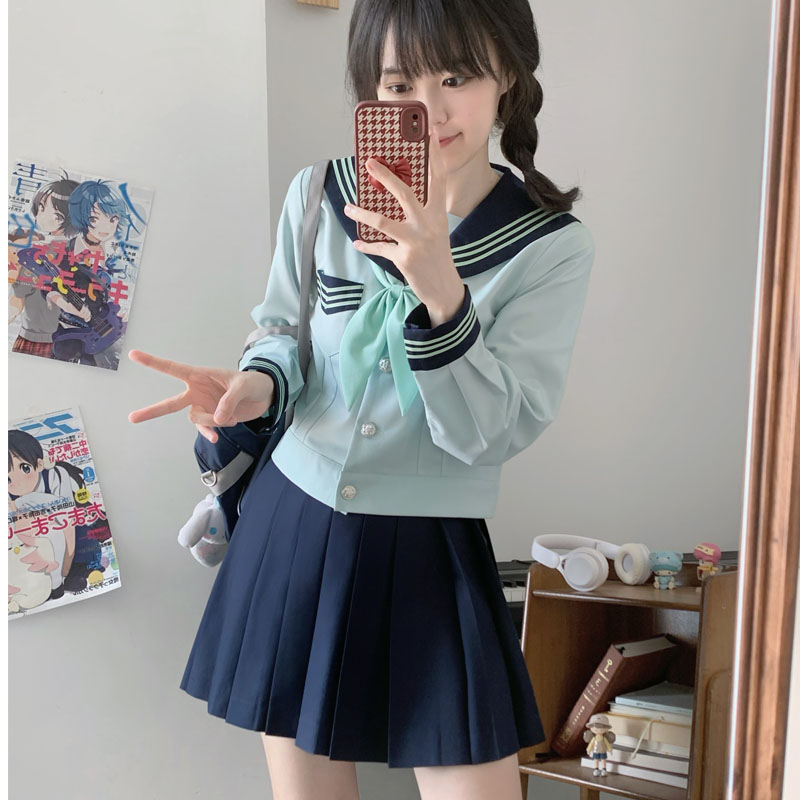 【青樱】秋柚语原创正版薄荷绿水手服jk制服校供甜美收腰修身中间服