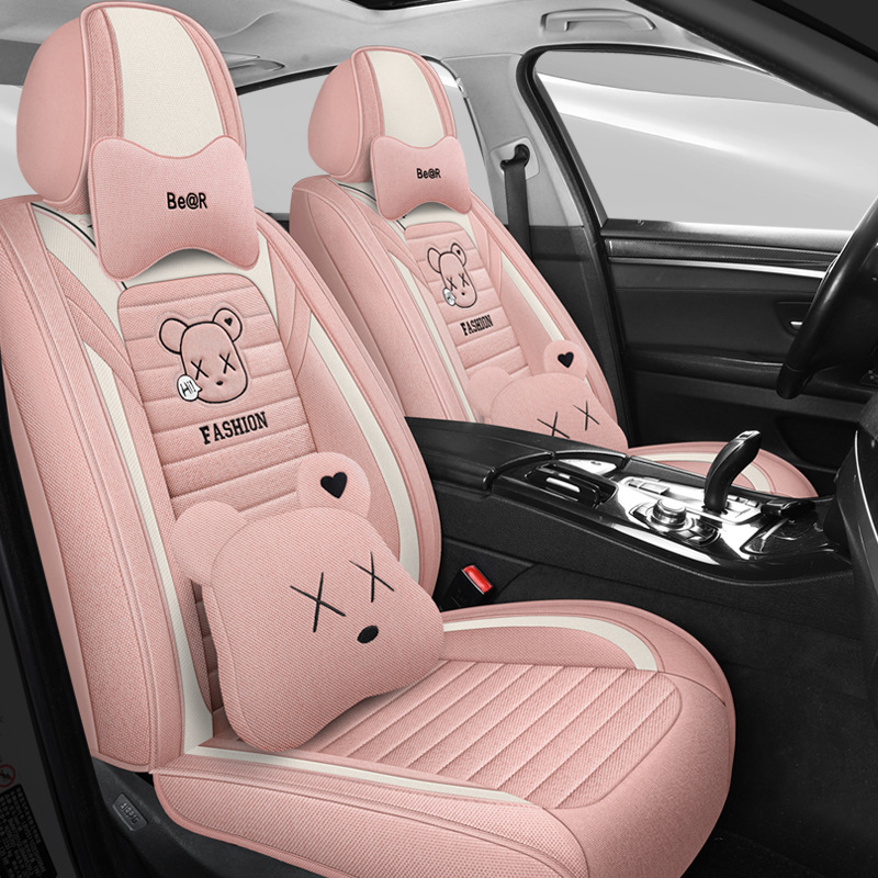 汽车坐垫四季通用新款亚麻布艺全包围卡通座套可爱棉麻座椅套女士