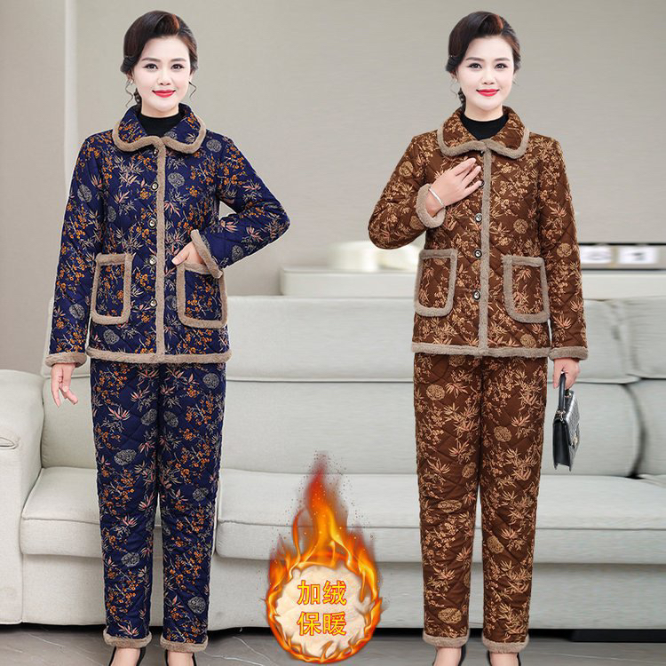 妈妈冬季加绒棉衣套装女新款宽松加厚保暖棉服洋气棉裤棉袄两件套