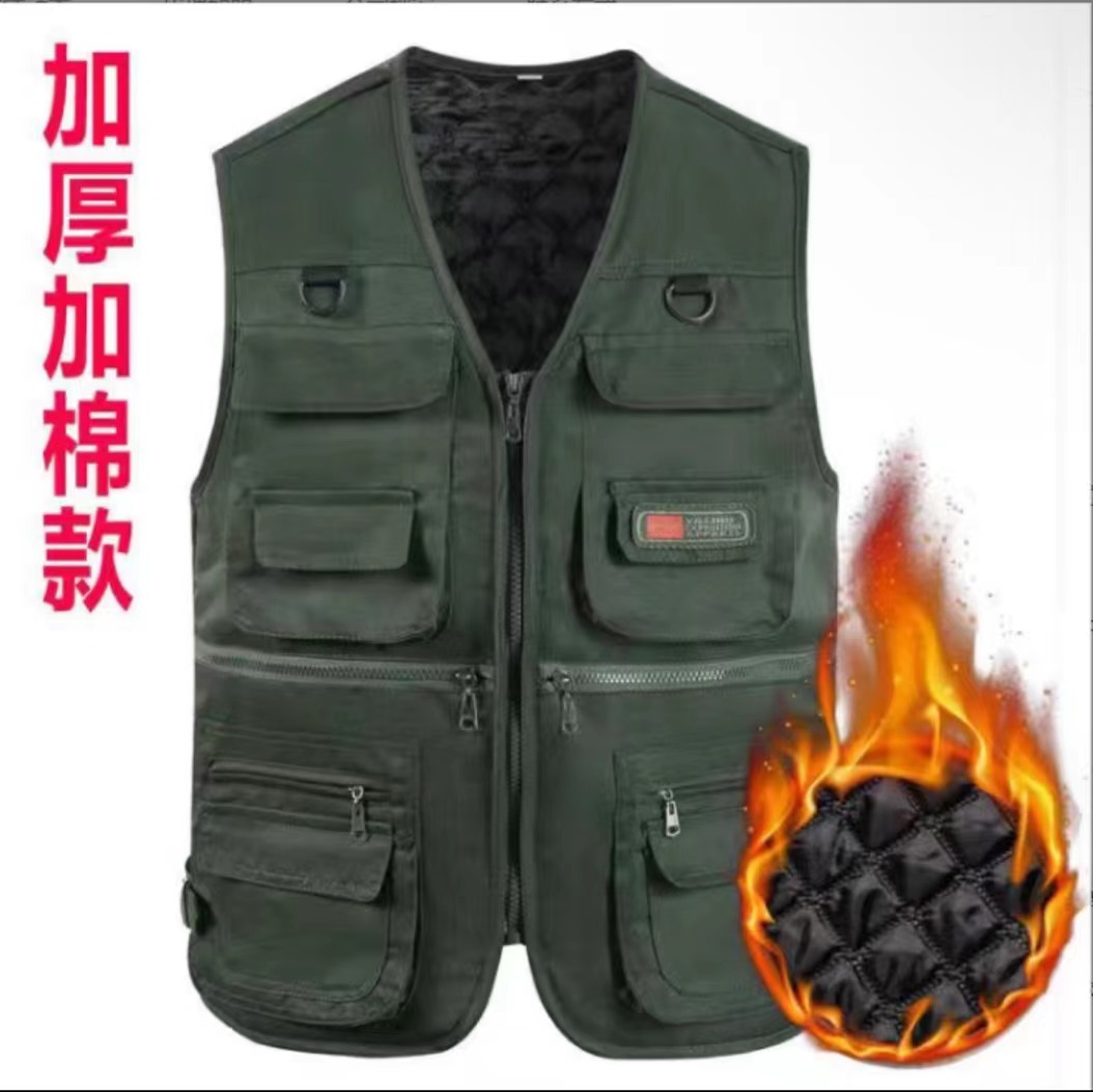 秋冬加棉加厚中老年马甲坎肩男士多口袋钓鱼摄影大码背心爸爸马夹