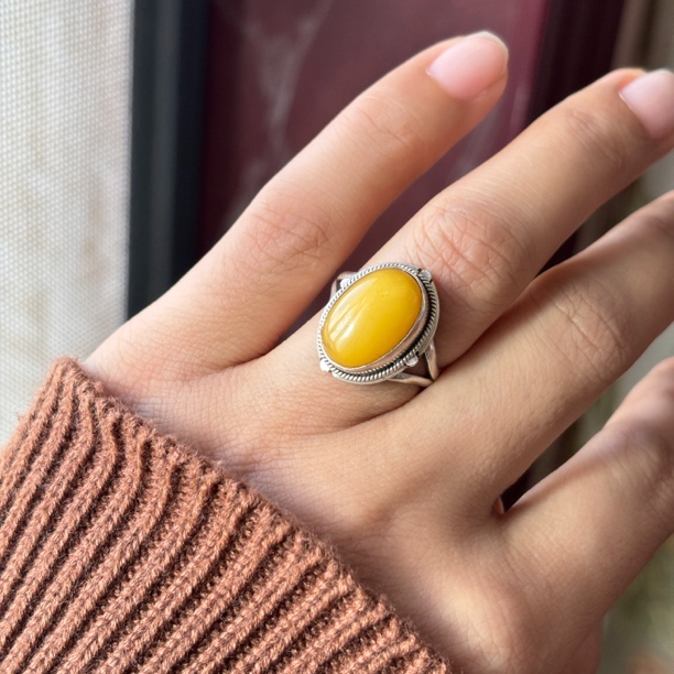 925银亚克力戒指 925银戒指尼泊尔手工制作复古黄色民族风