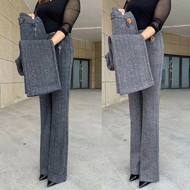 2023秋冬新款松紧腰毛呢微喇裤高腰宽松显瘦中年女士弹力休闲长裤