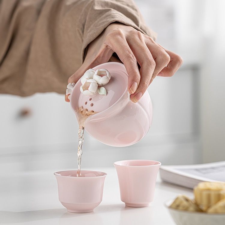 旅行茶具伴手礼女士套装手工捏花户外便携式手抓壶粉色快客杯