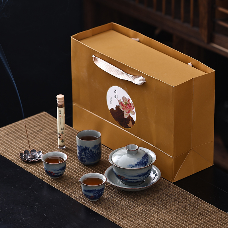 复古老陶泥青花茶具套装高档伴手礼三才盖碗中国风陶瓷大号泡茶碗