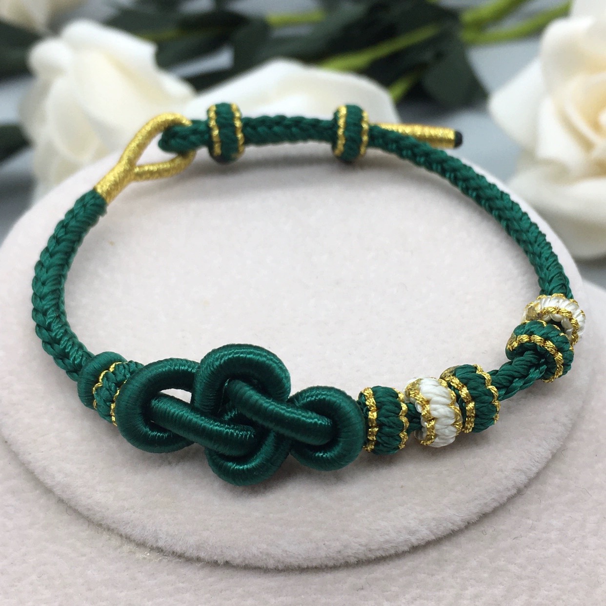 手编绳半成品可穿珠diy桃花如意结女男手链墨绿八股编拆卸款