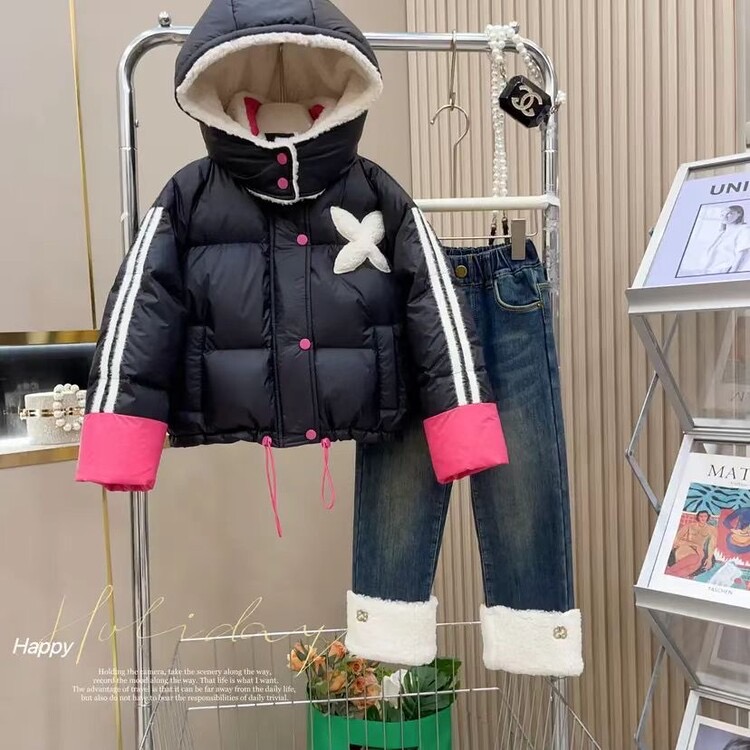 女童冬款棉衣套装2023新款儿童冬季棉服外套中大童加绒加厚牛仔裤