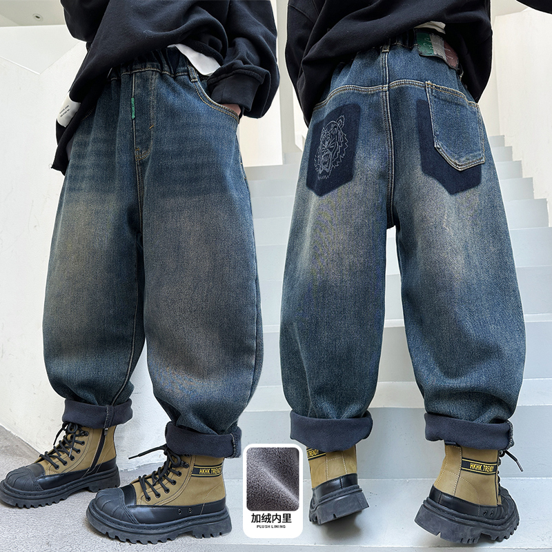 男童加绒裤子秋冬儿童冬季加厚牛仔裤2023中大童新款男孩保暖长裤