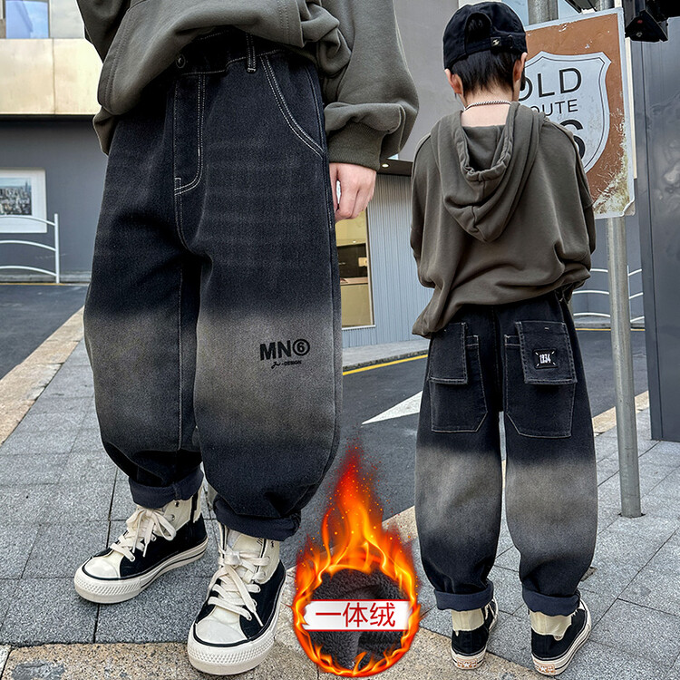 男童裤子秋冬款2023新款冬装中大童裤子加绒儿童牛仔裤加厚一体绒