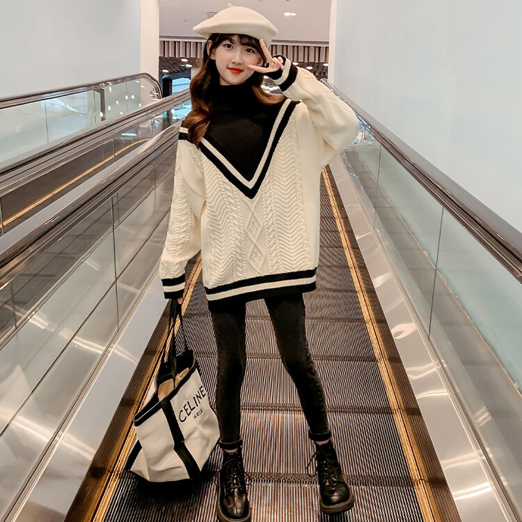 女童半高领毛衣2023秋冬装新款中大童时髦加绒洋气儿童拼接针织衫