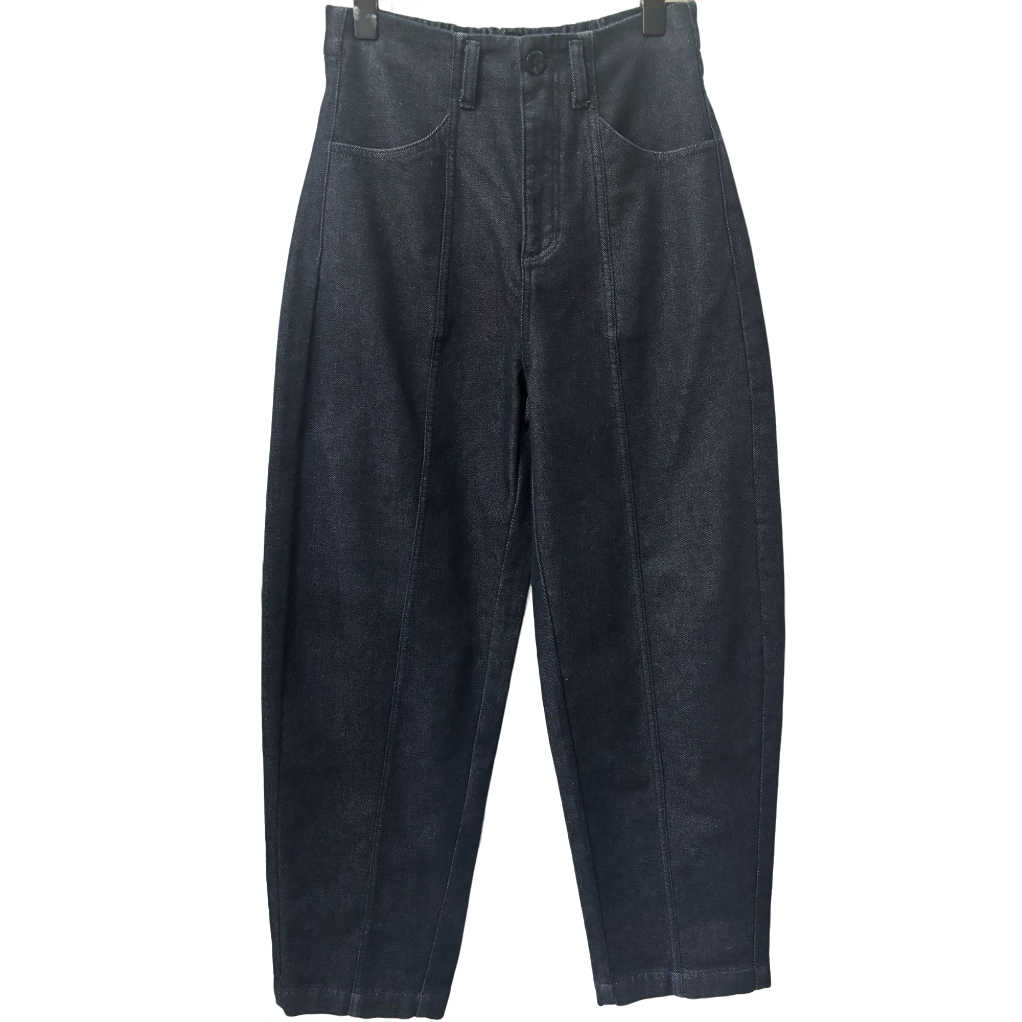 南油小众设计师冬季新品深蓝色竖线牛仔弯刀裤21022