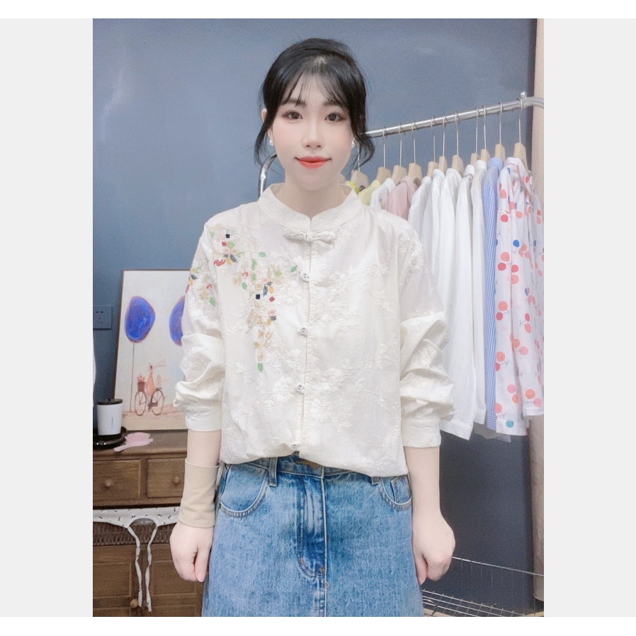 新中式国风复古盘扣小清新刺绣花朵包扣立领纯棉长袖衬衫女装上衣