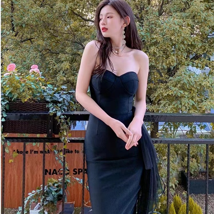 壹姐家性感抹胸绷带礼服裙包臀显瘦收腰露背气质夏季名媛白色法式