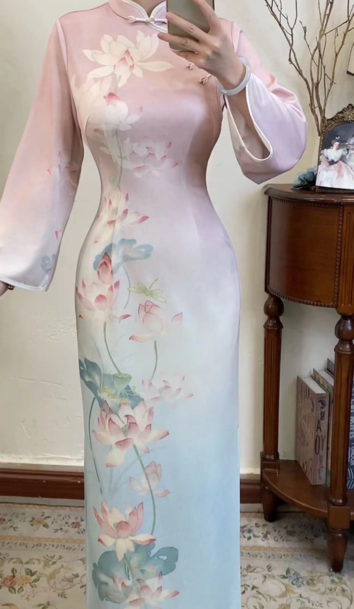 予溪自制【粉荷】秋冬复古新中式国风倒大袖改良旗袍裙