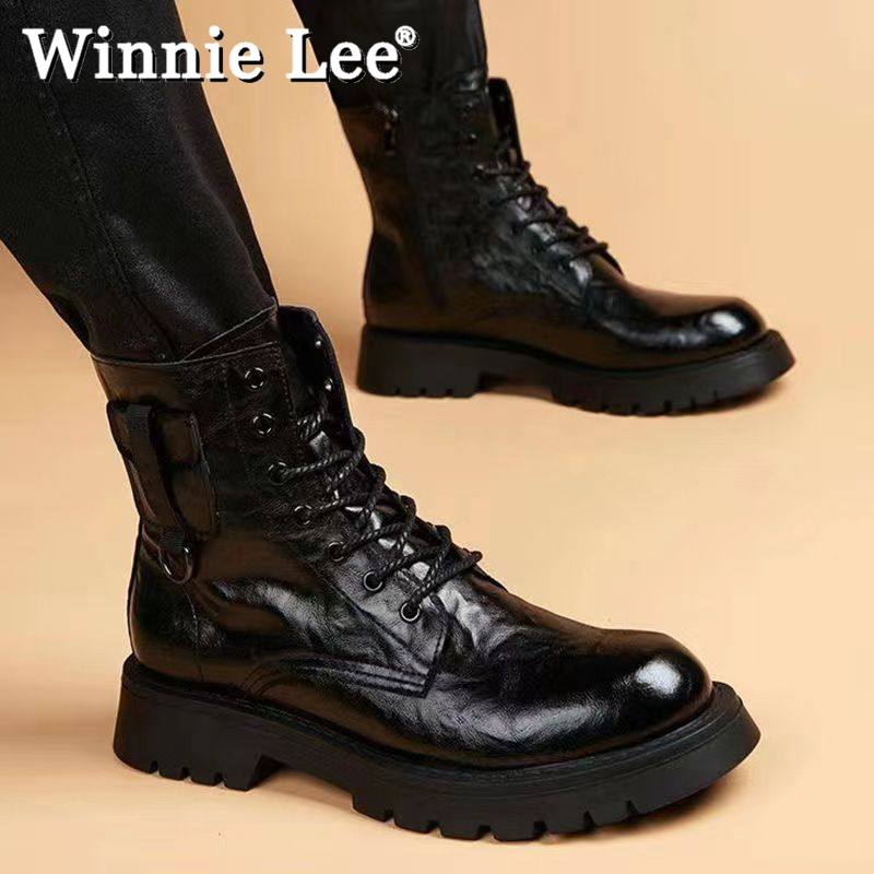 Winnie Lee新款马丁靴男高帮韩版潮流软皮冬季加绒增高商务工装靴