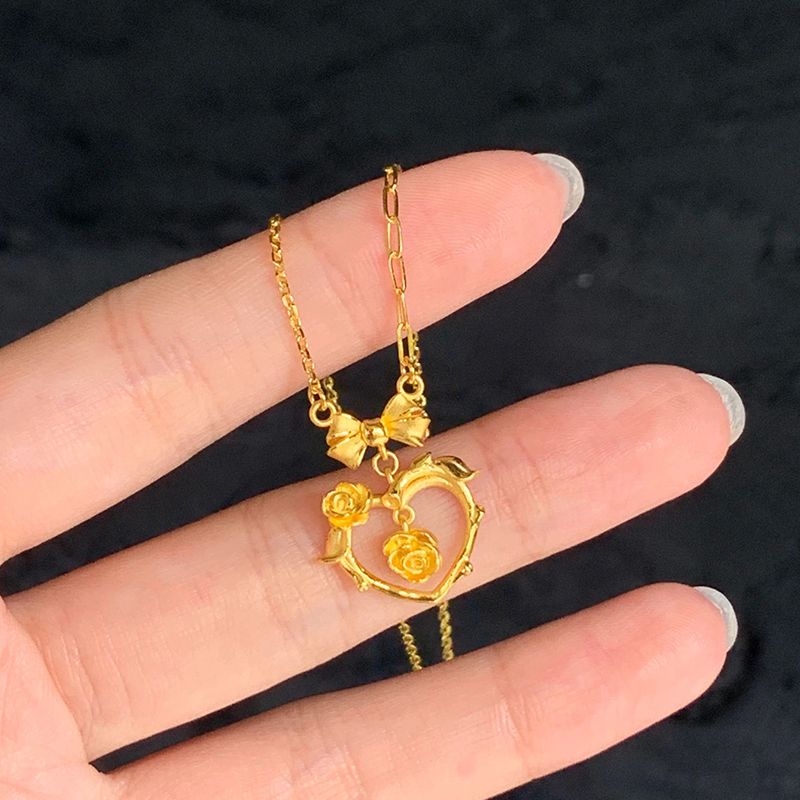 铜合金项链 黄金色心动玫瑰花项链女士新款蝴蝶结套链礼物送女友