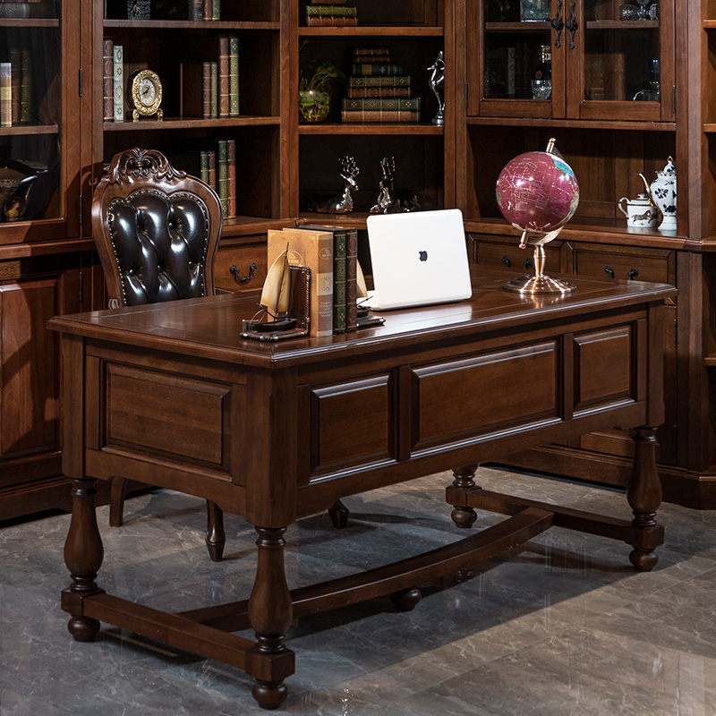 简约美式全实木书桌椅乡村书房办公家具家用胡桃木书架电脑桌写字