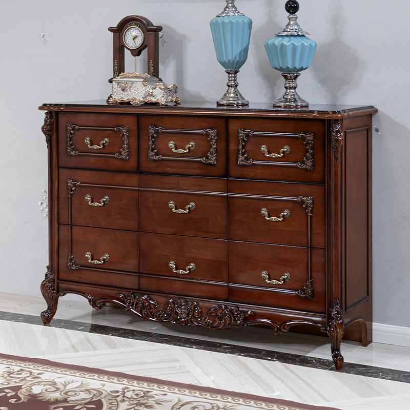 欧式全实木卧室九9斗柜美式深色奢华收纳带抽屉床尾雕花整装家具