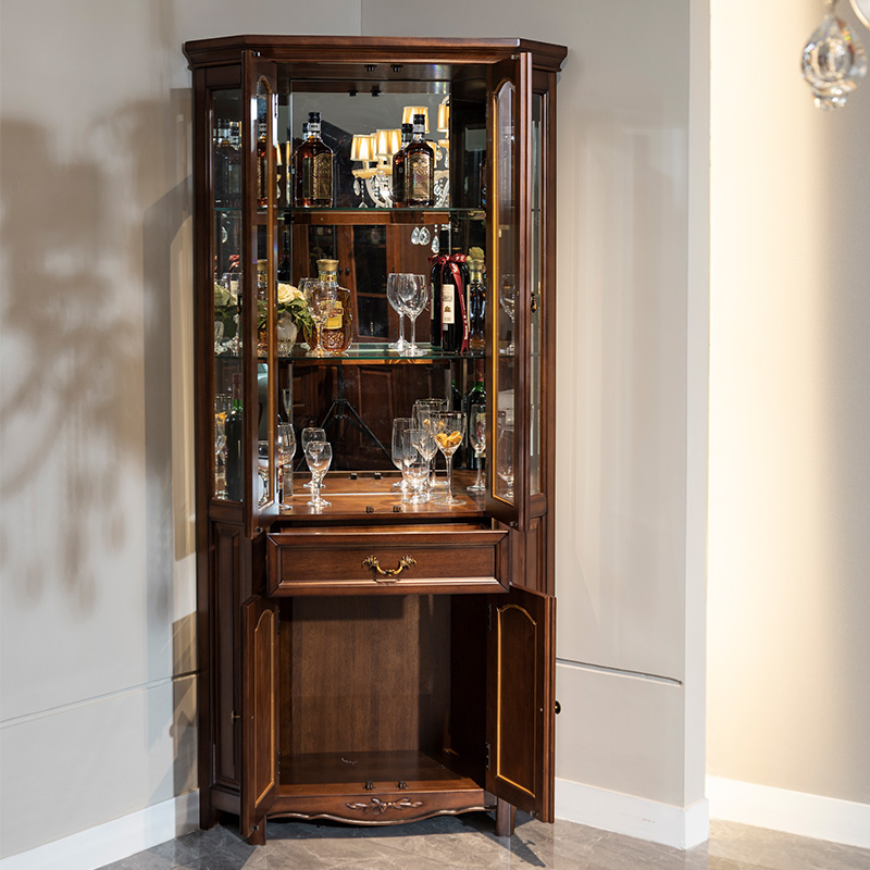 美式胡桃木酒柜转角两门柜子客厅家具电视边柜带玻璃门高酒柜