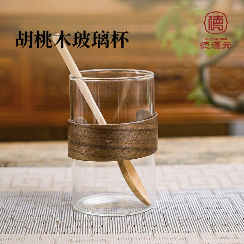 胡桃木玻璃杯ins高颜值家用耐热防烫喝水杯高档茶杯